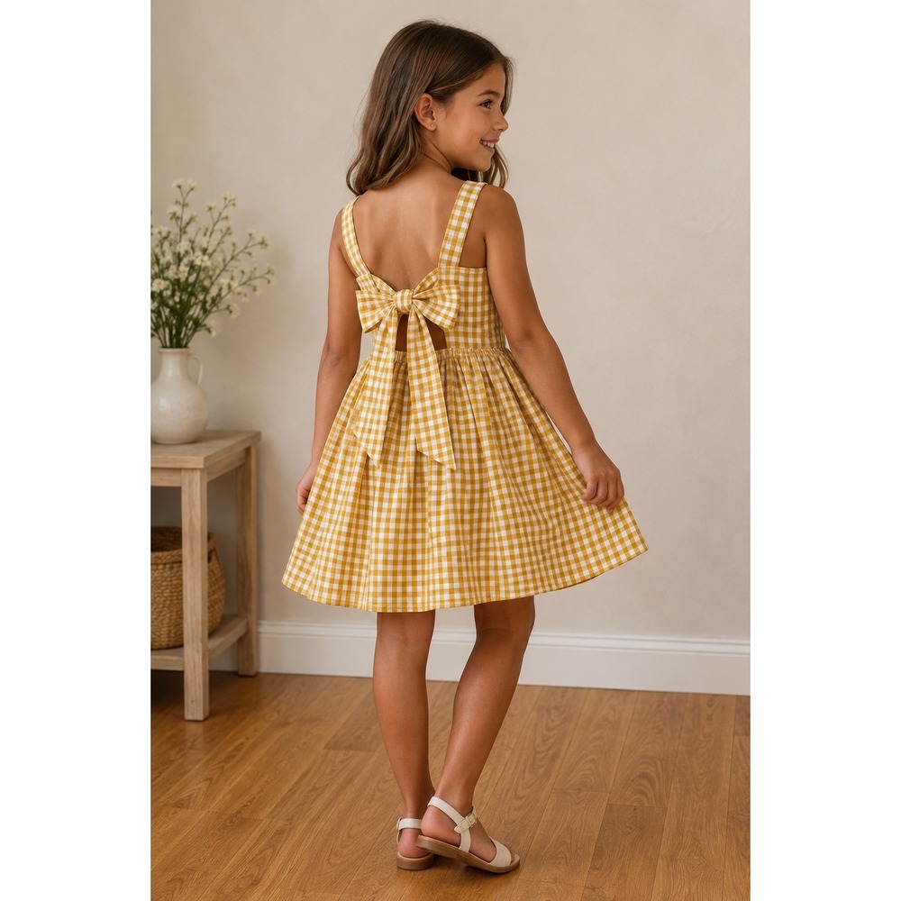SHEIN Kids Girls Yellow Gingham Check Bow Back Sun Dress 8Y 29335569